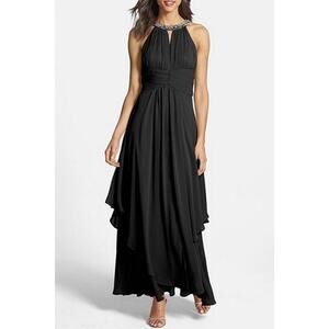 Eliza J Embellished Halter Neck Tiered Fit & Flare Chiffon Gown Black Women's 14